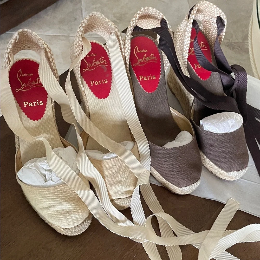 2 pair Christian Louboutin Brown Espadrille Flats with Ankle Ties